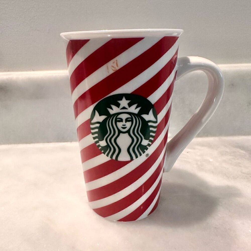 Starbucks 2019 Candy Cane Striped Logo Ceramic Coffee Mug Red White Size 16oz
